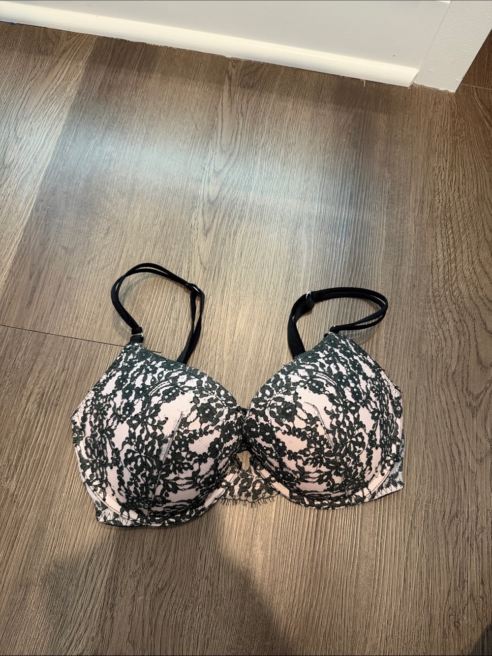 Victoria's Secret Black Lace Overlay Light Pink Push-Up Bra